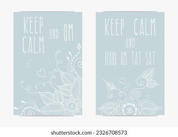 Set of motivational typography posters with mantras on soft blue textured background and floral mehndi pattern. Vector illustration for yoga studio and spiritual practices.