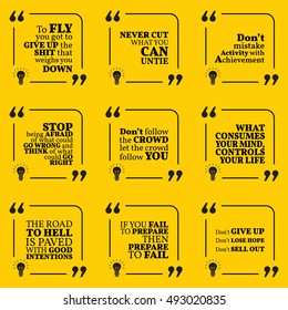 Set of motivational warning quotes about responsibility, activity, crowd, failure, giving up, losing, achievement and success. Simple note design typography poster. Vector illustration