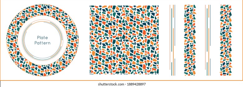 Set of motley mosaic patterns for tableware. Colorful small polygons and thin lines are used. Cheerful, vivid colours. Good also for print design, textile. Vector image.