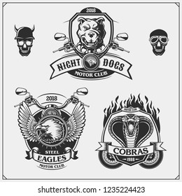 Set of Moto club emblems, labels and design elements. Emblems with bulldog, eagle and cobra.