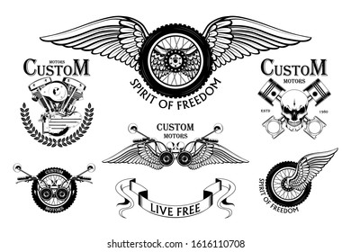Set of moto emblems. Vector images of a motorcycle wheel, motorcycle steering wheel, pistons, moto engine.