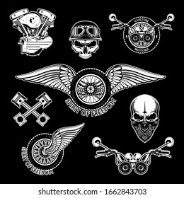 Set of moto stickers. Vector images of motorcycle wheels, steering wheel, wings, emblems, skulls.