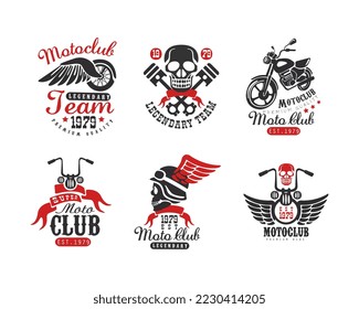 Set of motoclub retro badges. Biker club, motorcycle repair shop, t-shirt print vintage labels vector illustration