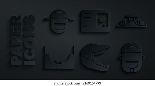 Set Motocross motorcycle helmet, Formula 1 racing car, Skate park, Rafting boat, Action extreme camera and  icon. Vector