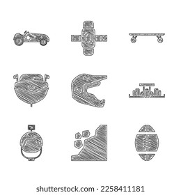 Set Motocross motorcycle helmet, Landslide, Rugby ball, Formula 1 racing car, Helmet action camera, Speedboat, Longboard skateboard and Vintage sport icon. Vector
