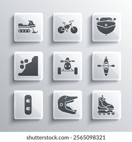 Set Motocross motorcycle helmet, Roller skate, Kayak canoe, ATV, Snowboard, Landslide, Snowmobile and Speedboat icon. Vector