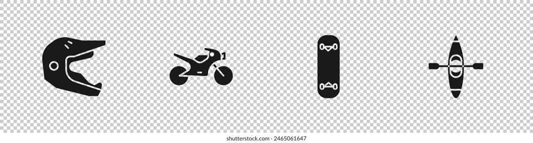 Set Motocross motorcycle helmet, Motorcycle, Skateboard trick and Kayak canoe icon. Vector