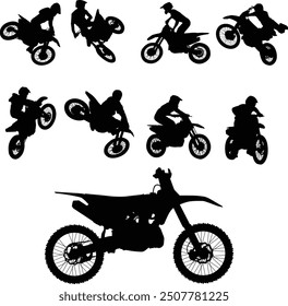 Conjunto de ilustración de cuerpo completo de silueta de motocross rider. Personas posando en motocicleta.