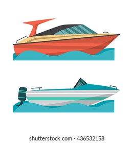 Set motor boat and small boat with outboard motor. Sea or river ship, flat cartoon illustration. Sea and river vehicles. Isolated on white background