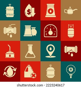 Set Motor gas gauge, Broken metal pipe with leaking water, Propane tank, Oil and industrial factory building,  and  icon. Vector