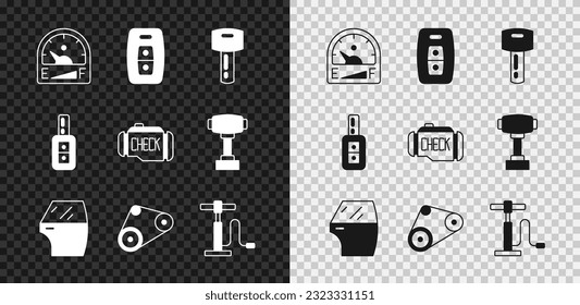 Set Motor gas gauge, Car key with remote, door, Timing belt kit, air pump,  and Check engine icon. Vector