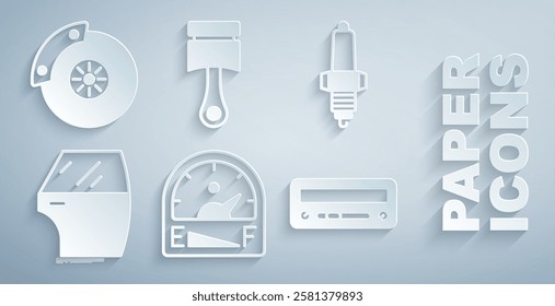 Set Motor gas gauge, Car spark plug, door, audio, Engine piston and brake disk with caliper icon. Vector