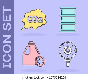 Set Motor gas gauge, CO2 emissions in cloud, Antifreeze canister and Barrel oil icon. Vector