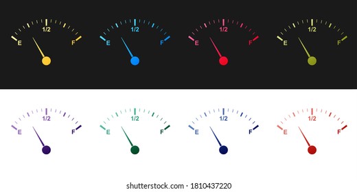Set Motor gas gauge icon isolated on black and white background. Empty fuel meter. Full tank indication. Vector.