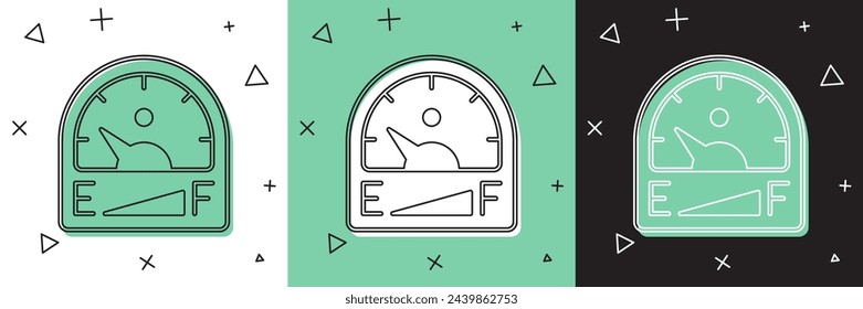 Set Motor gas gauge icon isolated on white and green, black background. Empty fuel meter. Full tank indication.  Vector
