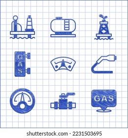 Set Motor gas gauge, Metallic pipes and valve, Location station, Electrical cable plug charging, Gas filling, Oil rig and platform the sea icon. Vector