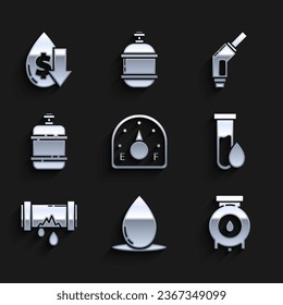 Set Motor gas gauge, Oil drop, and industrial factory building, petrol test tube, Broken metal pipe with leaking water, Propane tank, Gasoline pump nozzle and Drop crude oil price icon. Vector
