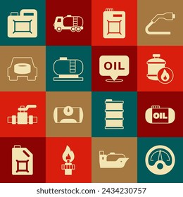 Ajuste el indicador de gas del motor, almacenamiento del tanque de aceite, propano, cartucho para aceite de motor, rueda de repuesto en el coche, y el icono de Word. Vector