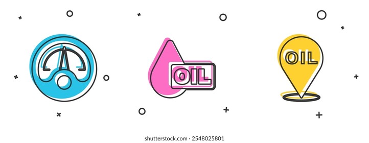 Set Motor gas gauge, Oil drop and Refill petrol fuel location icon. Vector