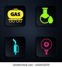 Set Motor gas gauge, Gas railway cistern, Gasoline pump nozzle and Oil petrol test tube. Black square button. Vector