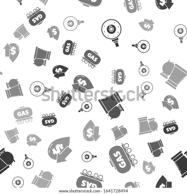 Set Motor gas gauge, Gas railway cistern, Oil and\
gas industrial factory building and Drop in crude oil price on\
seamless pattern. Vector