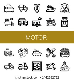 Set of motor icons such as Minivan, Moped, Jeep, Caravan, Vespa, Trailer, Yatch, Ice cream truck, Car seat, Tramway, Pickup truck, Hybrid solution, Motorcycle, Boat, Cooling system , motor