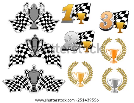 Set of motor sport and racing  icons with 1st, 2nd and 3rd places, trophies, wreaths and checkered flags for championship awards