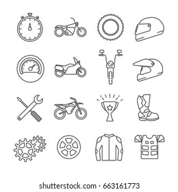 Set of motor sport Related Vector Line Icons. Includes such Icons as motorcycle, motorcyclist, helmet, jacket, biker, bike, speed