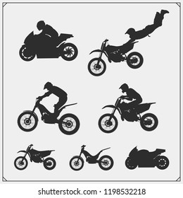 Set of motor sport silhouettes, labels and emblems. Motocross jumping riders, moto trial, moto freestyle and motor racing.