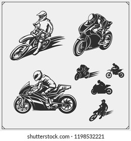 Set of motor sport silhouettes, labels and emblems. Motocross jumping riders, moto trial, moto freestyle and motor racing.