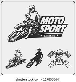 Set of motor sport silhouettes, labels and emblems. Motocross riders.