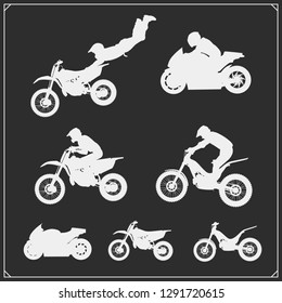 Set of motor sport silhouettes, labels and emblems. Motocross jumping riders, moto trial, moto freestyle and motor racing.