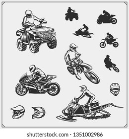 Set of motor sport, snowmobile, quad bike illustrations. Motocross jumping riders, moto trial, freestyle and racing. Print design for t-shirt and sport club emblems and dedign elements.