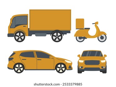 Set of motor vehicle icons in flat style. transport Car, scooter, truck, motorcycle. Vector illustration