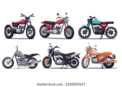 Motocicletas. Ilustración dinámica de dibujos animados que muestran un conjunto de motos geniales en un ambiente creativo y vibrante. Ilustración vectorial.