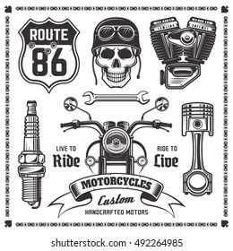 Set of motorcycle and bikers attributes vector black objects and design elements isolated on white background