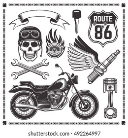 Set of motorcycle and bikers attributes vector design elements in monochrome style isolated on white background with frame of motor chain