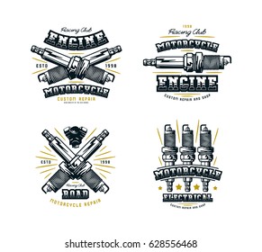 Set of motorcycle club emblem for t-shirt. Graphic design with image of spark-plug. Isolated on white background