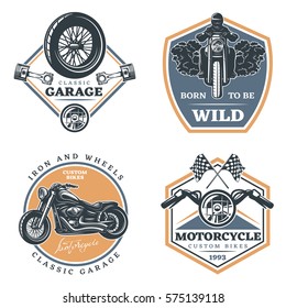 Set of motorcycle colored emblems, labels, logos and motorbike badges with descriptions of custom bikes, classic garage, born to be wild. vector illustration