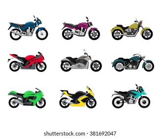 Set of motorcycle design flat style. Motorbike and bike, motorcycle isolated, motorcycle and motor, engine cycle, travel motorcycle, power moto, speed vehicle transport, transportation illustration