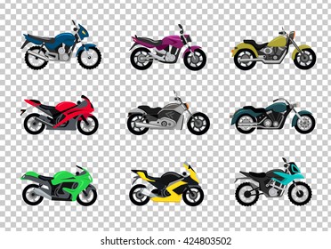 Set of motorcycle design flat style. Motorbike and bike, motorcycle isolated, motorcycle and motor, engine cycle, travel motorcycle, power moto, speed vehicle transport, transportation illustration