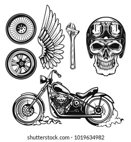 Set of motorcycle elements for creating your own badges, logos, labels, posters etc. Isolated on white.