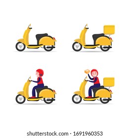 Set of motorcycle and  happy delivery man riding scooter sending package. Flat style vector