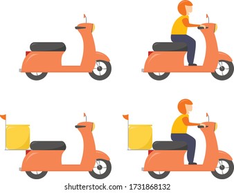 Set of motorcycle and happy delivery man riding scooter sending package. 