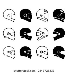 Set of motorcycle helmet icons in black and white silhouette style
