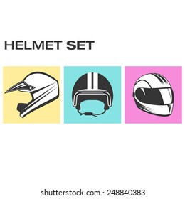 Set of motorcycle helmets. Sport, cross and racer helmet icons.