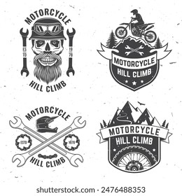 Set of motorcycle hill climb logos, badges, stickers. Vector. Extreme sport with motorcycle helmet, skull, glasses, bike, mountain and wrenches. Monochrome style