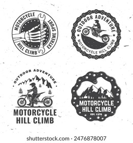 Set of motorcycle hill climb logos, badges, stickers. Vector. Extreme sport with motorbike for extreme jump and race in mountains, human skeleton hand holding wrench, man riding on a motorcycle.