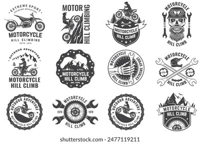 Set of motorcycle hill climb logos, badges, stickers. Vector. Extreme sport with motorcycle helmet, skull, glasses, bike, mountain and wrenches. Monochrome style