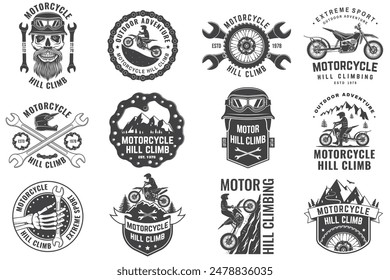 Set of motorcycle hill climb logos, badges, stickers. Vector. Extreme sport with motorcycle helmet, skull, glasses, bike, mountain and wrenches. Monochrome style